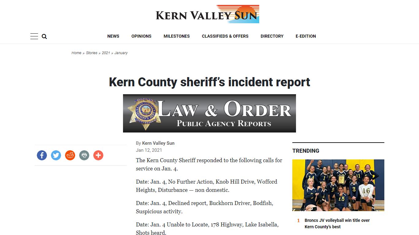 Kern County sheriff’s incident report | Kern Valley Sun